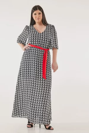 Μάξι φόρεμα μουσελίνα με γεωμετρικά και κόκκινη ζώνη