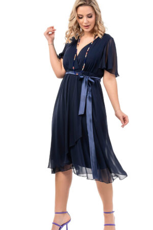 Μίντι φόρεμα μουσελίνα με κρουαζέ μπούστο, αποσπώμενη ζώνη και βολάν μανίκι
