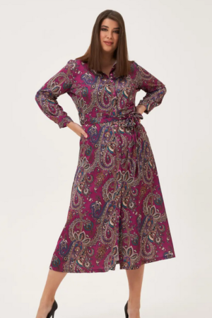 Μίντι φόρεμα σεμιζιέ,με σχέδιο λαχούρια,αποσπώμενη ζώνη, σε άλφα γραμμή